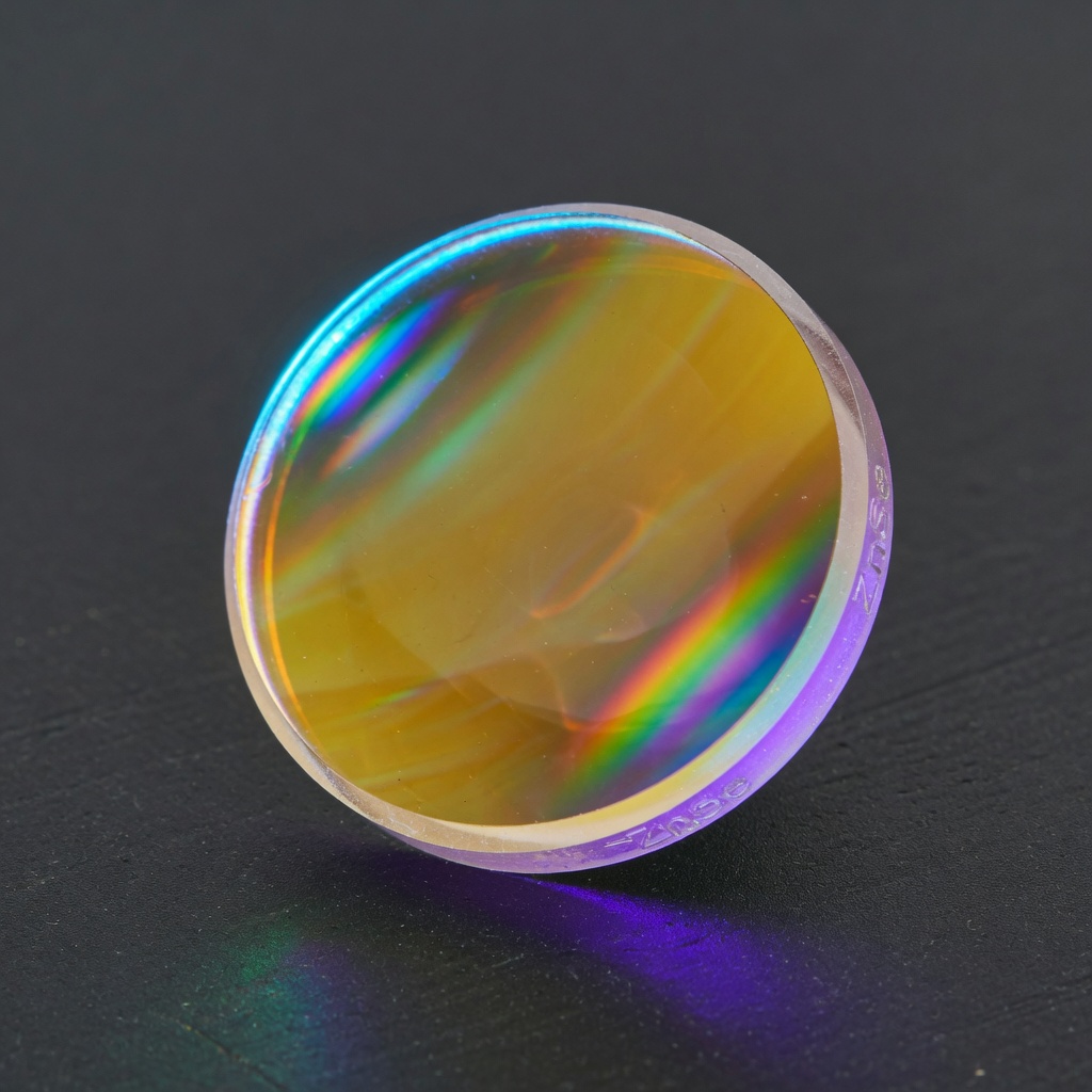 Illustrative ZnSe CO2 focusing lens with amber transmission on a dark bench.